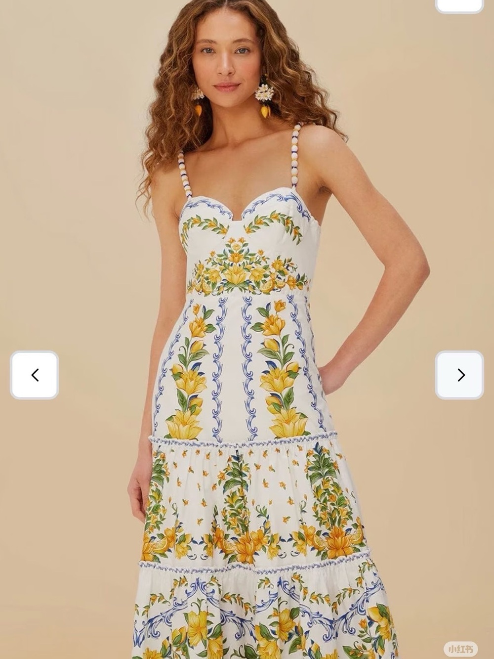 FARM Rio White Maxi Dress with Yellow Floral & Blue Scroll Print.